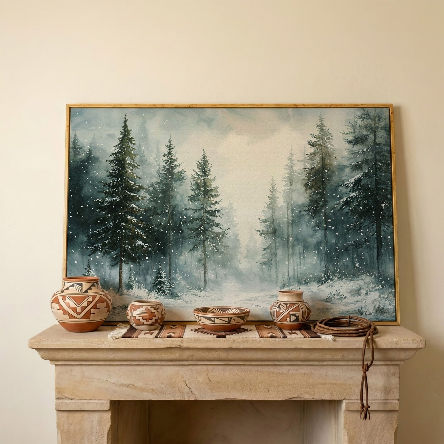 Tranquil Winter Woodland Canvas in white oak floating frame