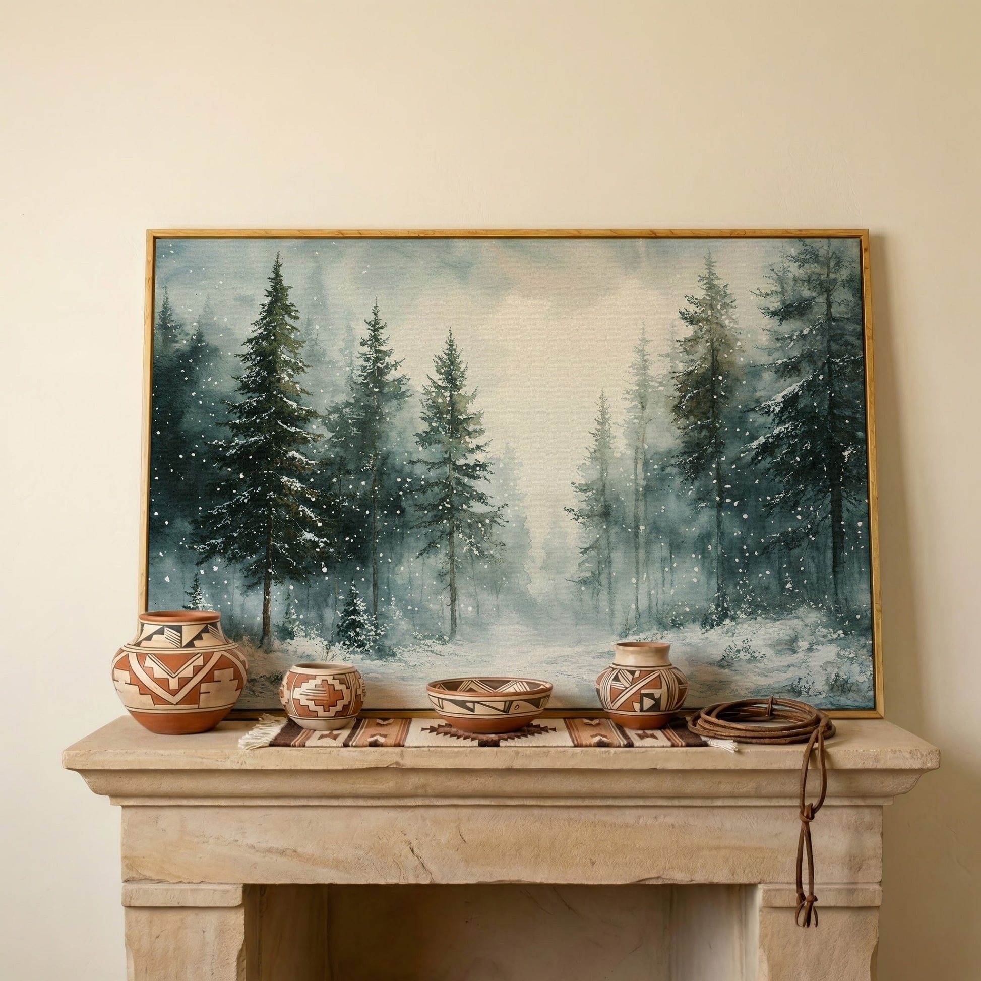 Tranquil Winter Woodland Canvas in white oak floating frame