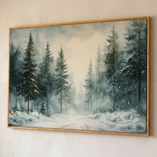 Tranquil Winter Woodland Canvas shown in white oak floating frame