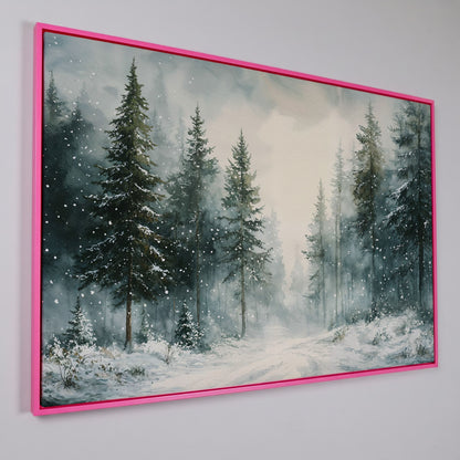 Tranquil Winter Woodland Canvas in pink floating frame