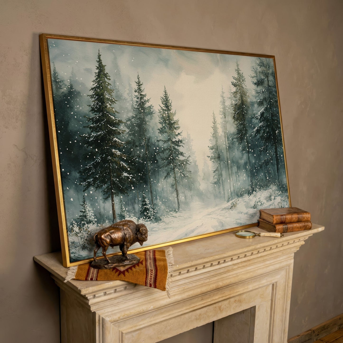 Tranquil Winter Woodland Canvas in rose gold floating frame