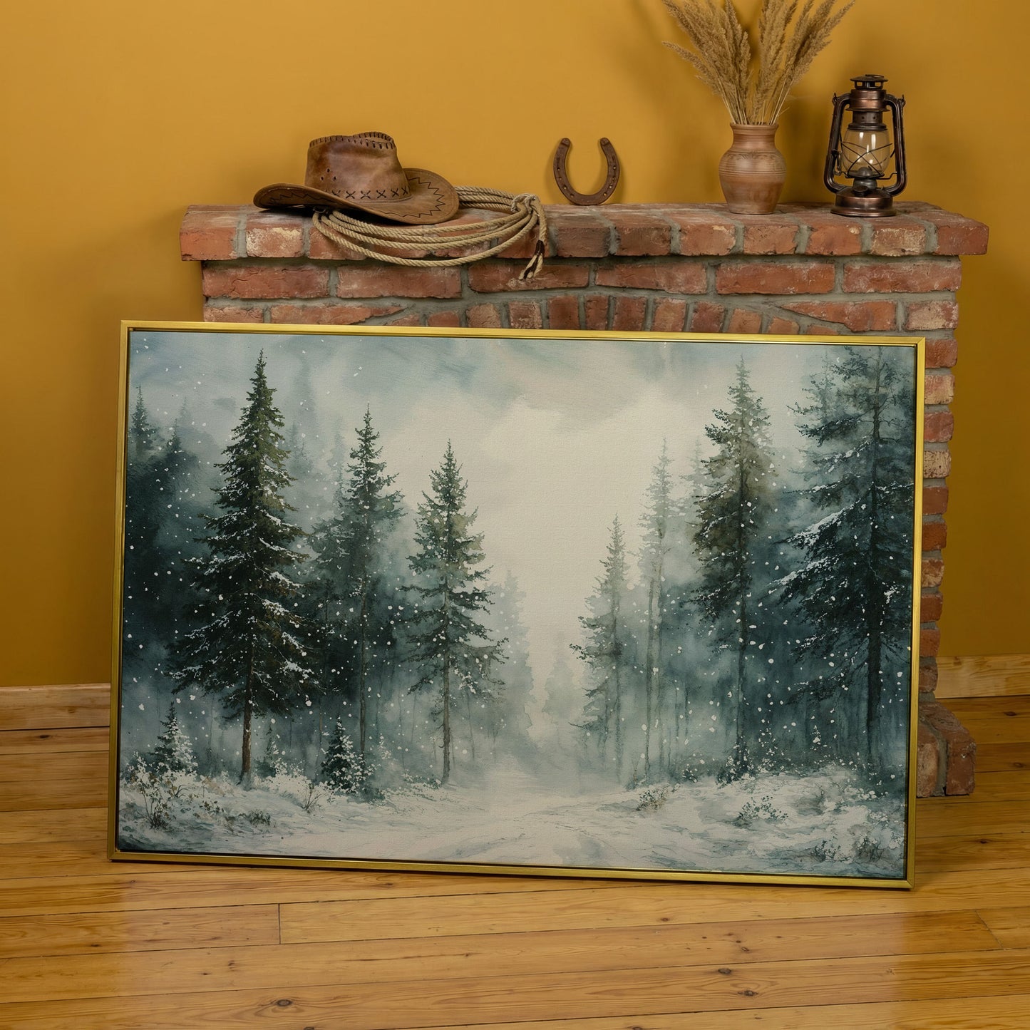 Tranquil Winter Woodland Canvas in yellow gold floating frame