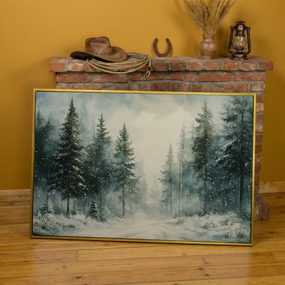 Tranquil Winter Woodland Canvas in yellow gold floating frame