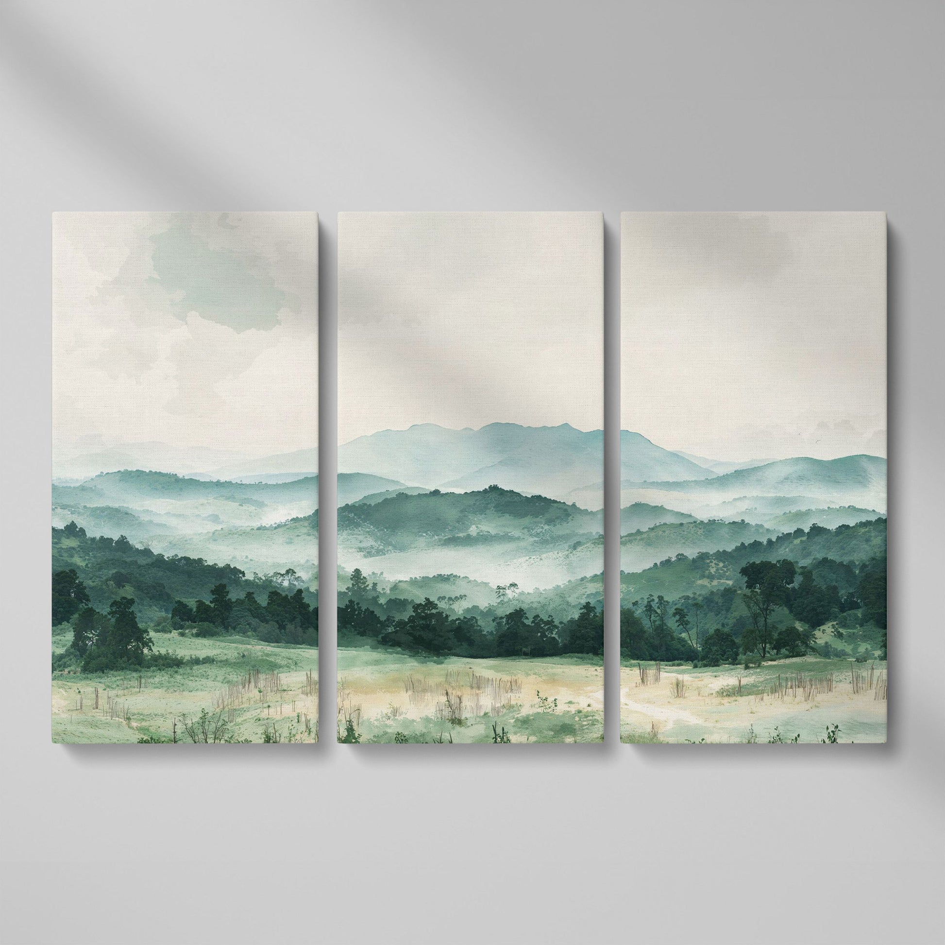 Serene Panoramic Mountainscape Canvas as 3-panel split version