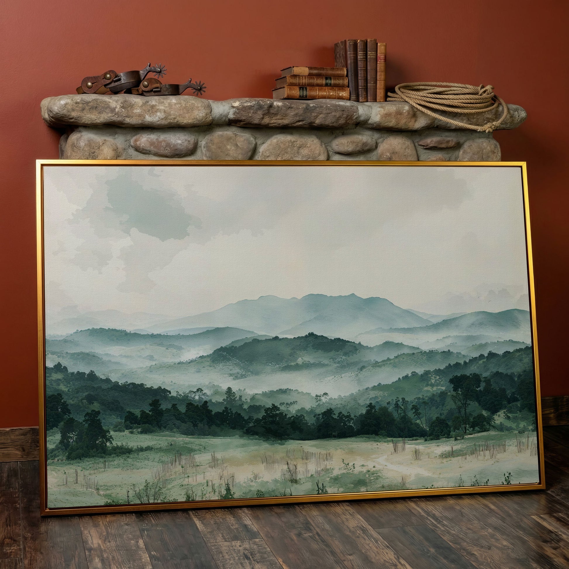 Serene Panoramic Mountainscape Canvas in antique gold floating frame