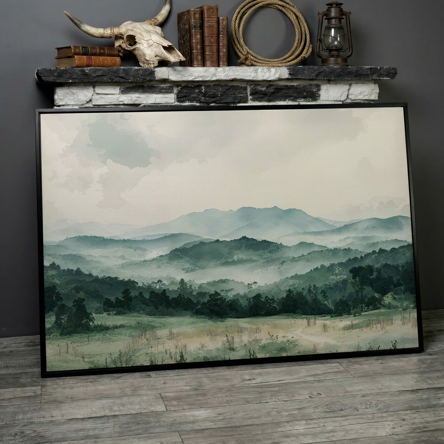 Serene Panoramic Mountainscape Canvas in black floating frame