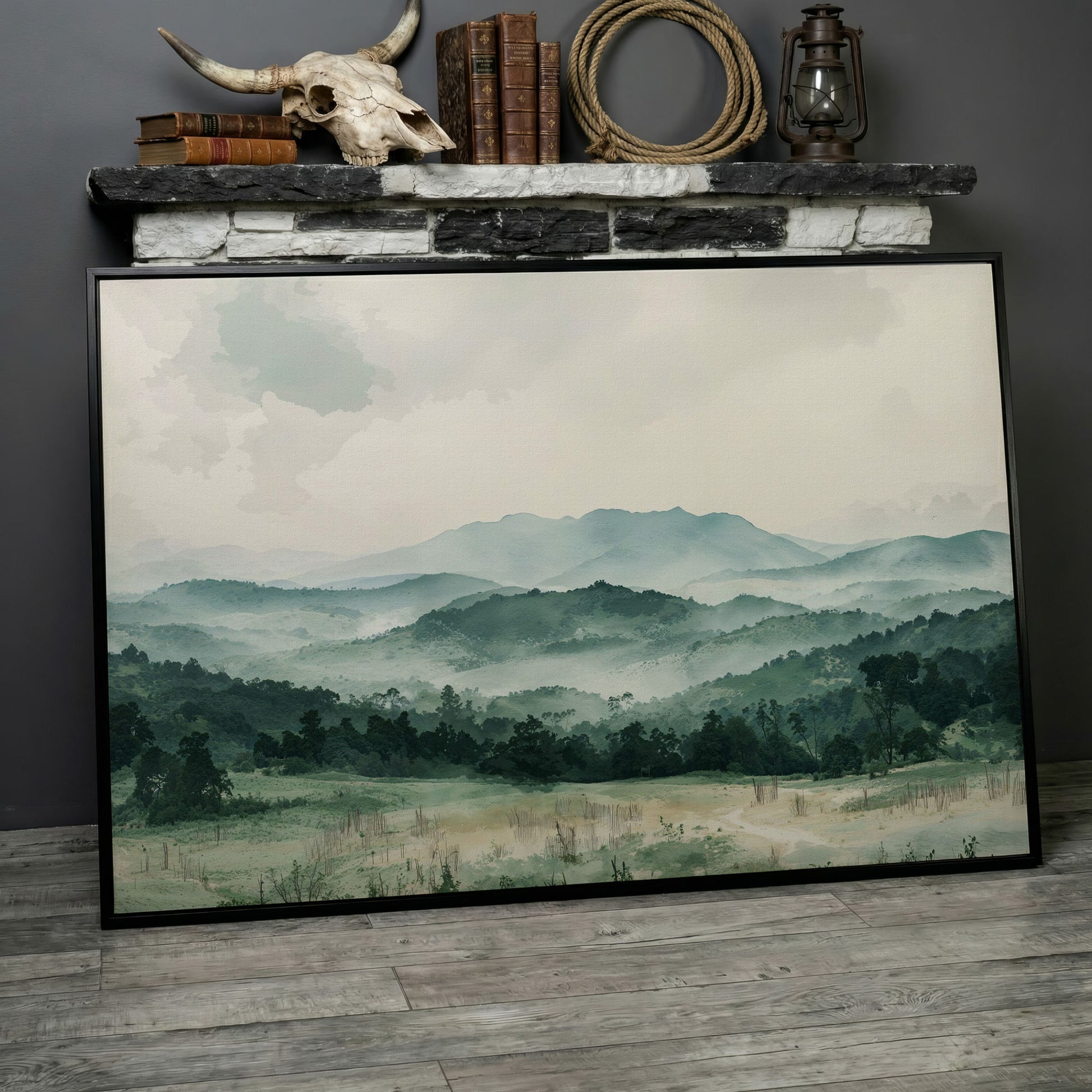 Serene Panoramic Mountainscape Canvas in black floating frame