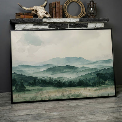 Serene Panoramic Mountainscape Canvas in black floating frame