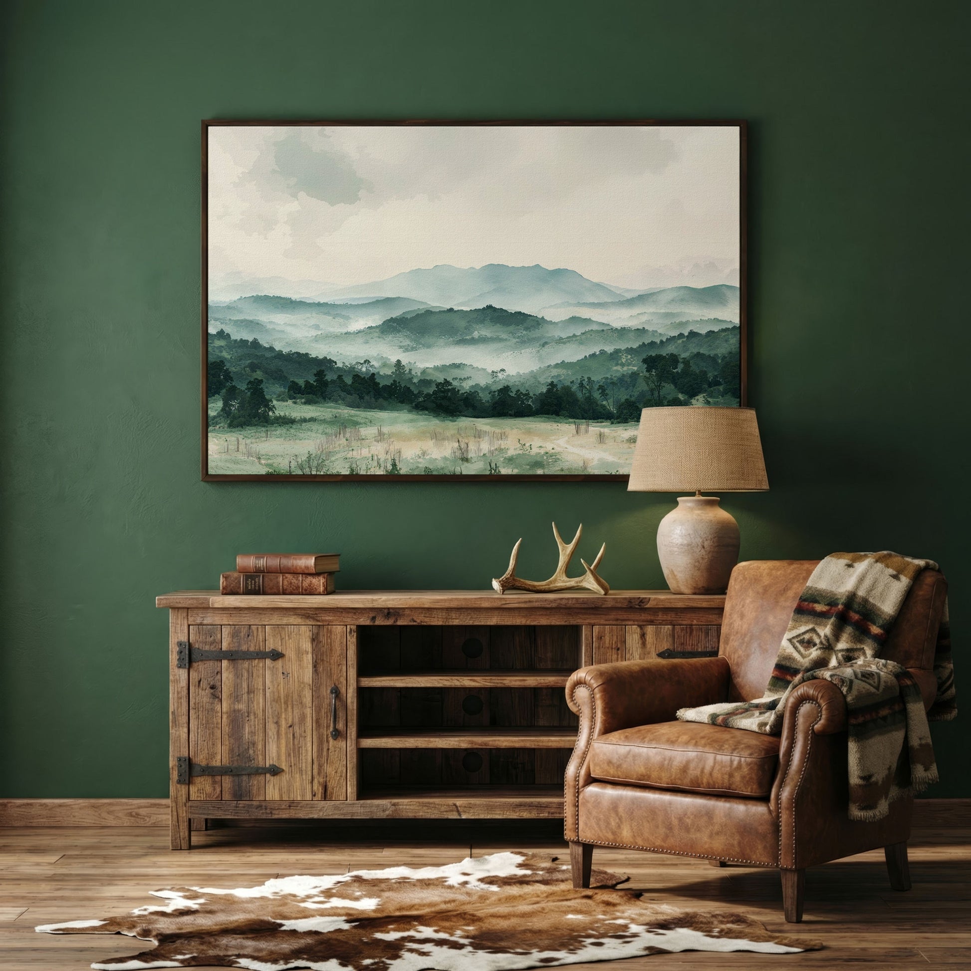 Serene Panoramic Mountainscape Canvas in dark walnut floating frame