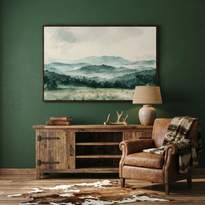 Serene Panoramic Mountainscape Canvas in dark walnut floating frame