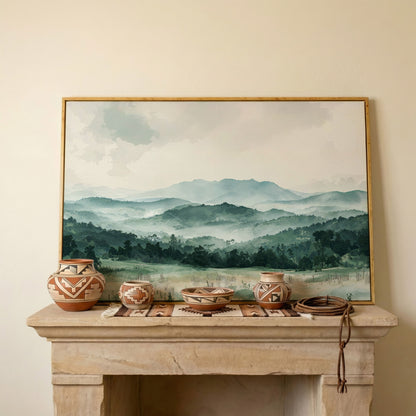 Serene Panoramic Mountainscape Canvas in white oak floating frame