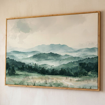 Serene Panoramic Mountainscape Canvas shown in white oak floating frame