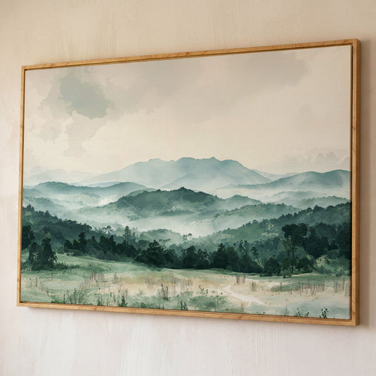 Serene Panoramic Mountainscape Canvas shown in white oak floating frame