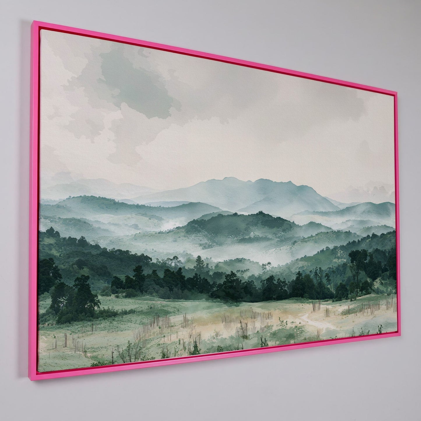 Serene Panoramic Mountainscape Canvas in pink floating frame