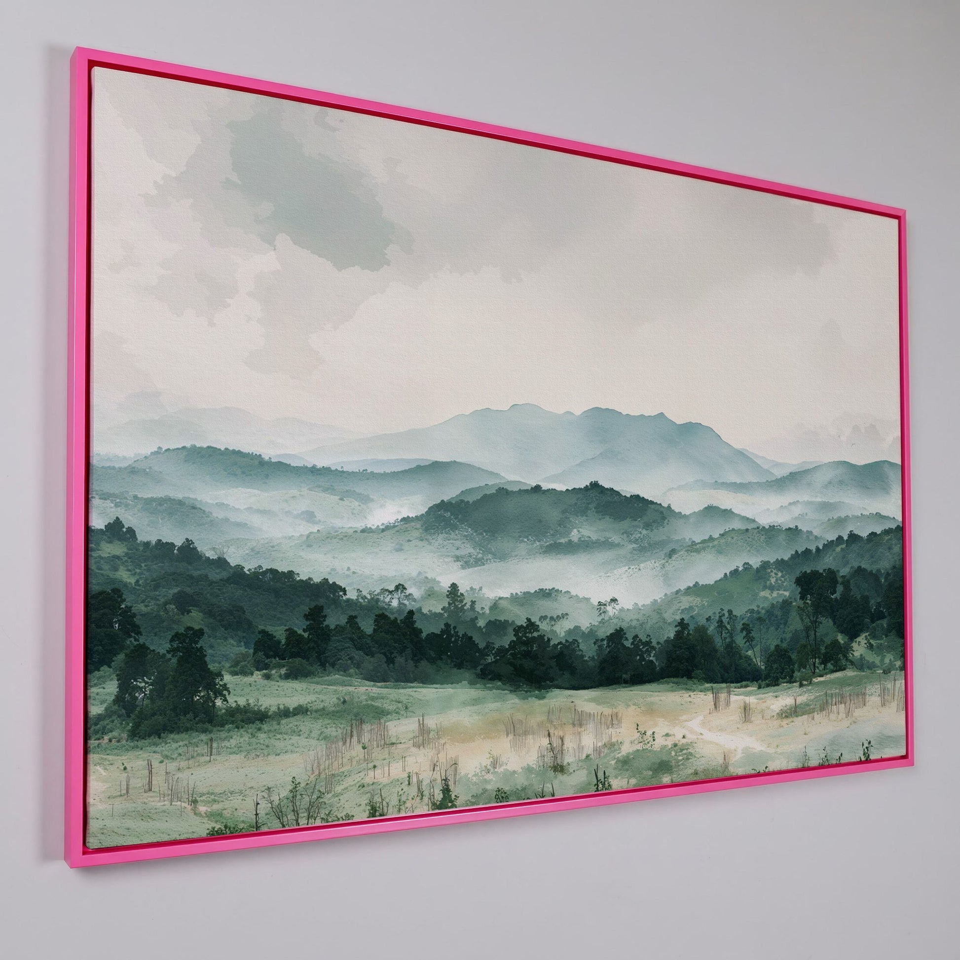 Serene Panoramic Mountainscape Canvas in pink floating frame