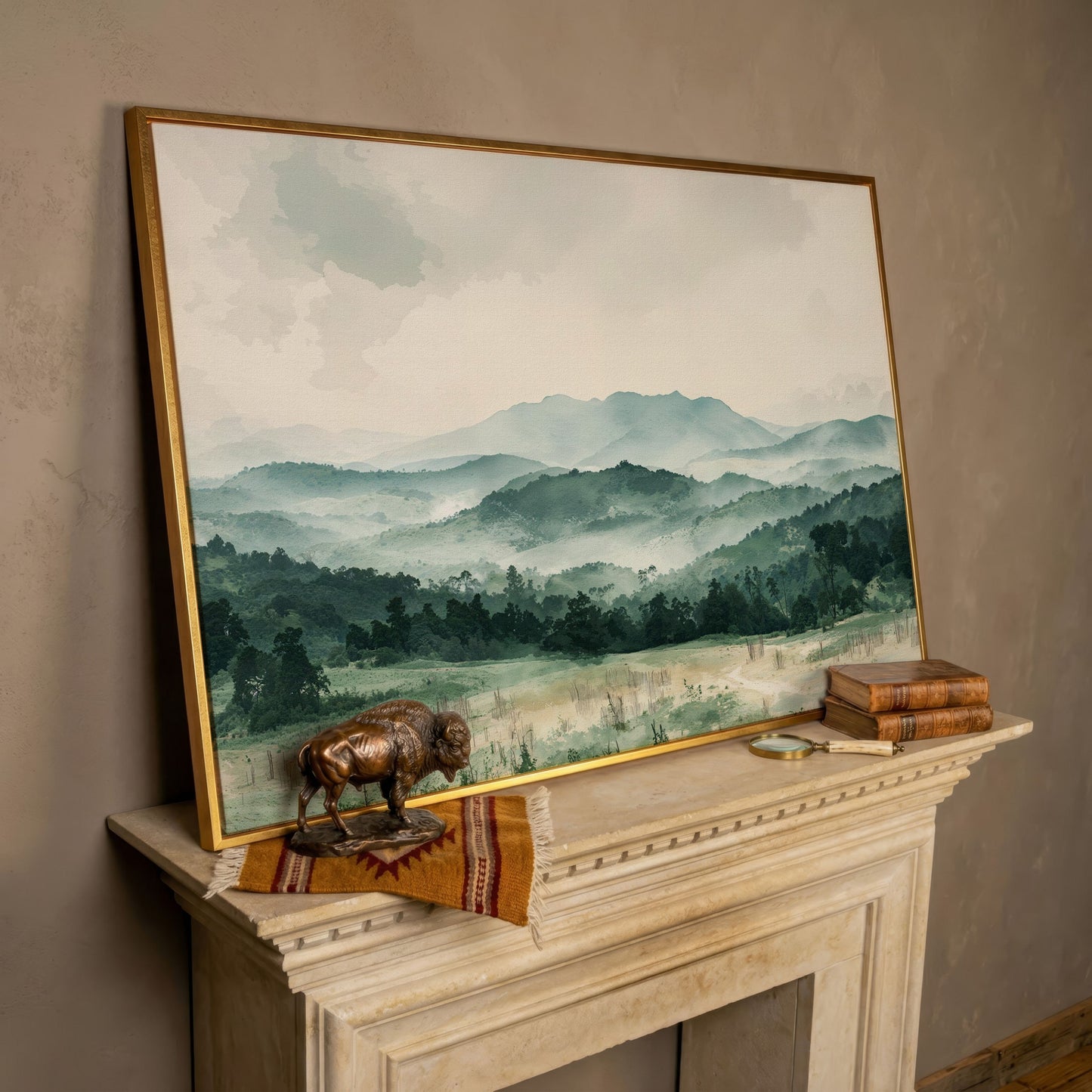 Serene Panoramic Mountainscape Canvas in rose gold floating frame