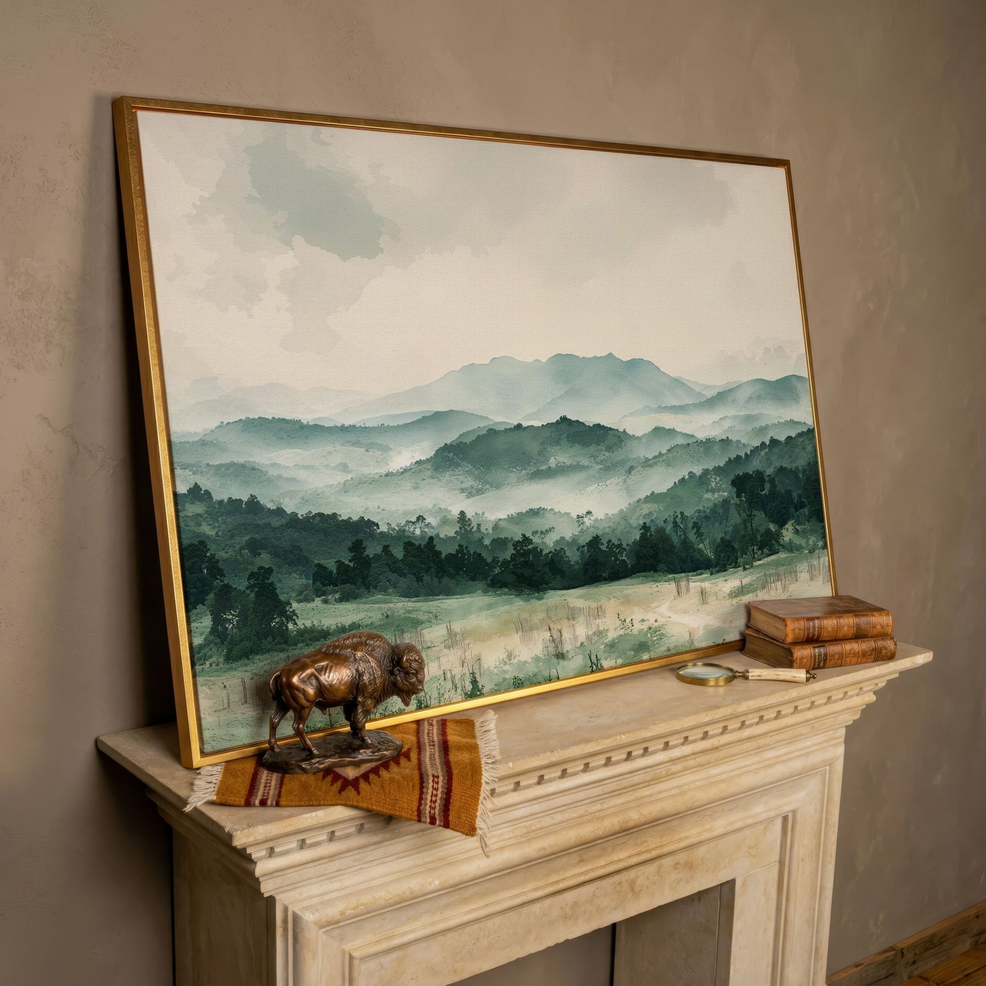 Serene Panoramic Mountainscape Canvas in rose gold floating frame