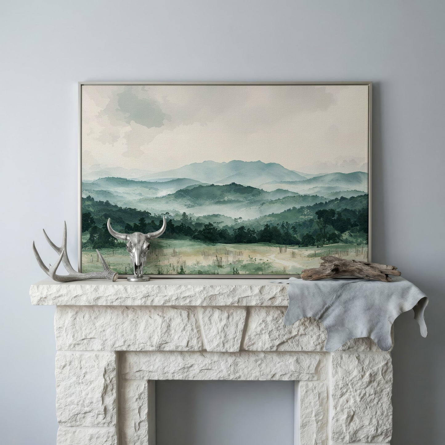 Serene Panoramic Mountainscape Canvas in silver floating frame