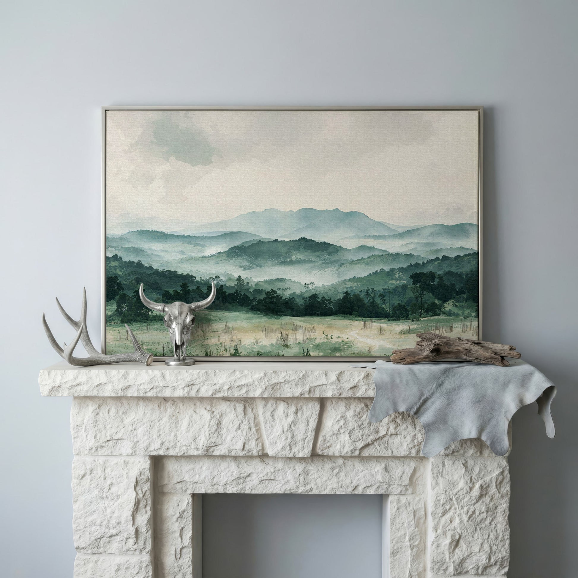 Serene Panoramic Mountainscape Canvas in silver floating frame