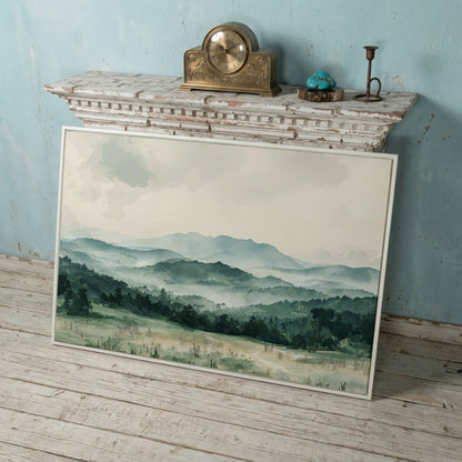 Serene Panoramic Mountainscape Canvas in white floating frame