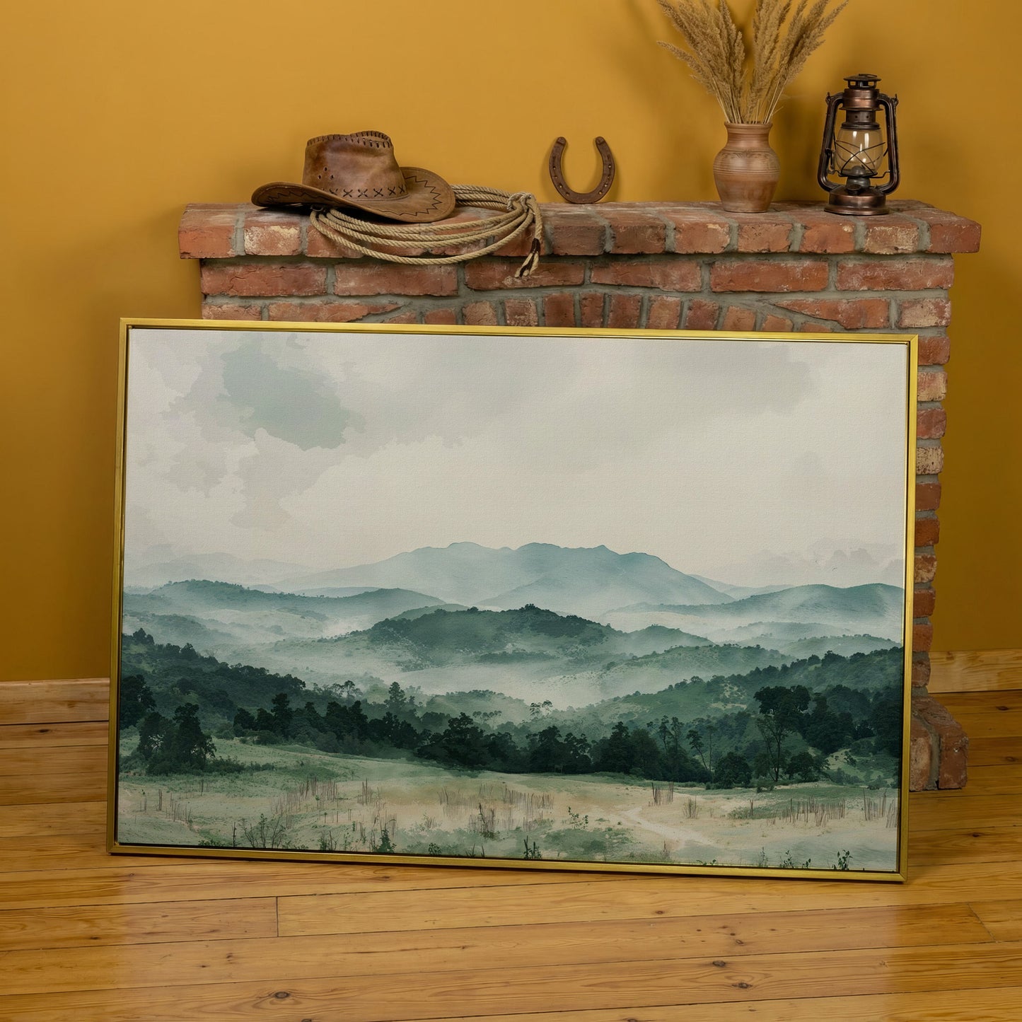 Serene Panoramic Mountainscape Canvas in yellow gold floating frame