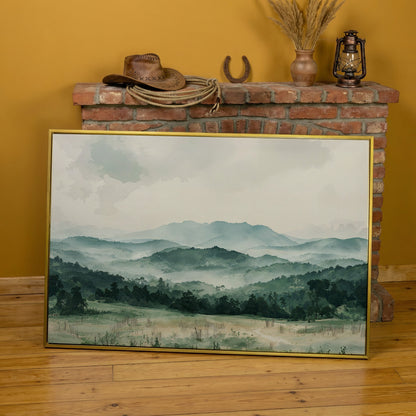 Serene Panoramic Mountainscape Canvas in yellow gold floating frame