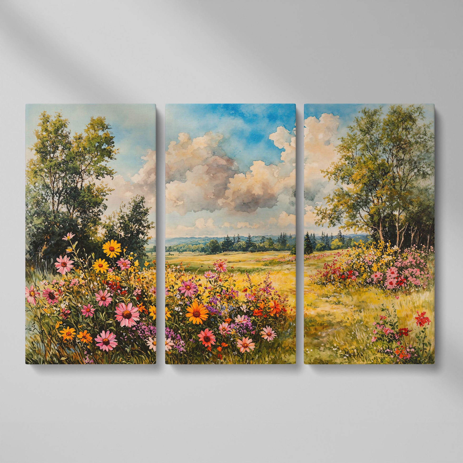 Wildflower Meadow Canvas Print with Cerulean Sky as 3-panel split version