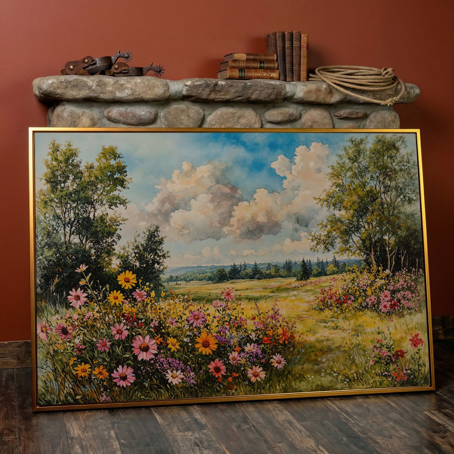 Wildflower Meadow Canvas Print with Cerulean Sky in antique gold floating frame