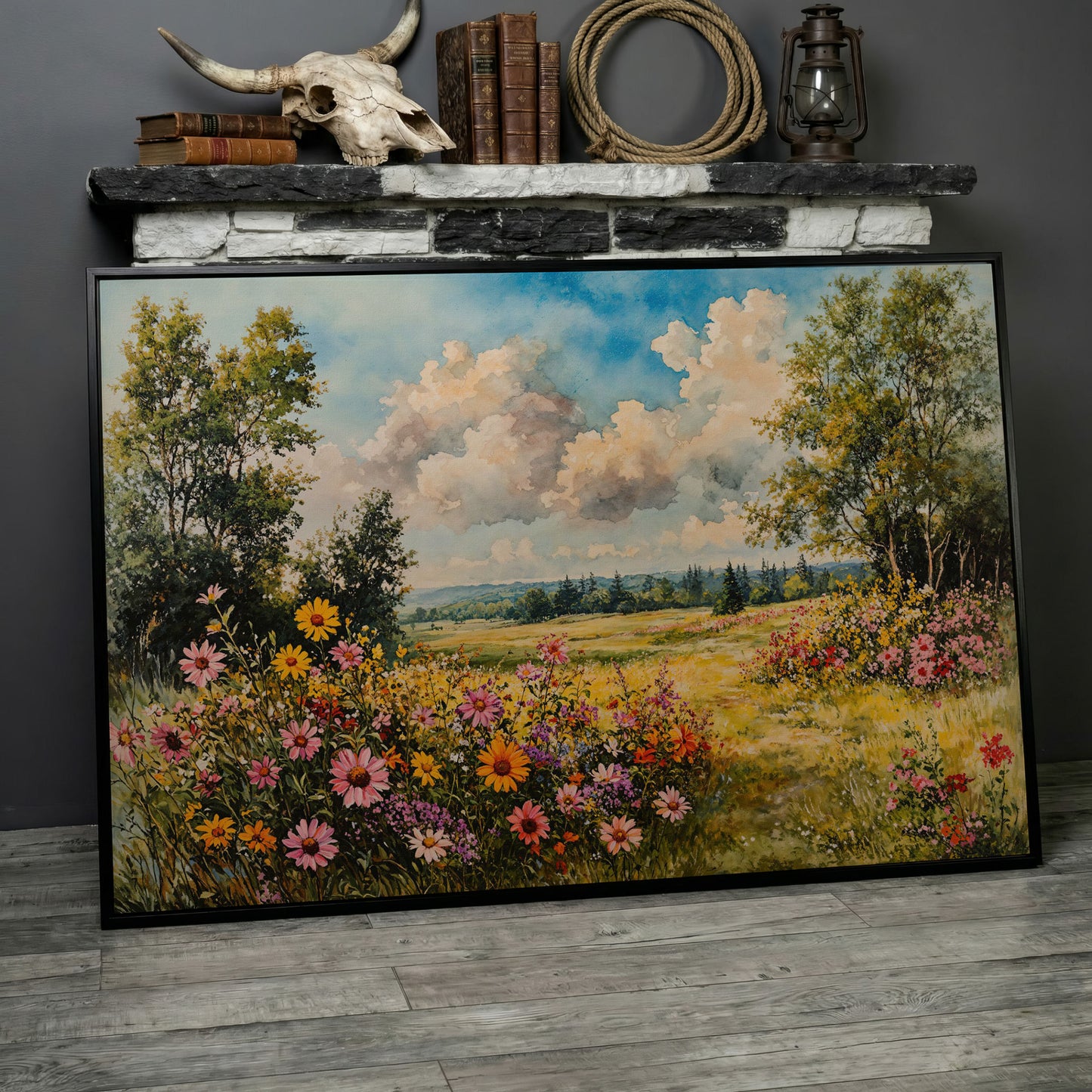 Wildflower Meadow Canvas Print with Cerulean Sky in black floating frame
