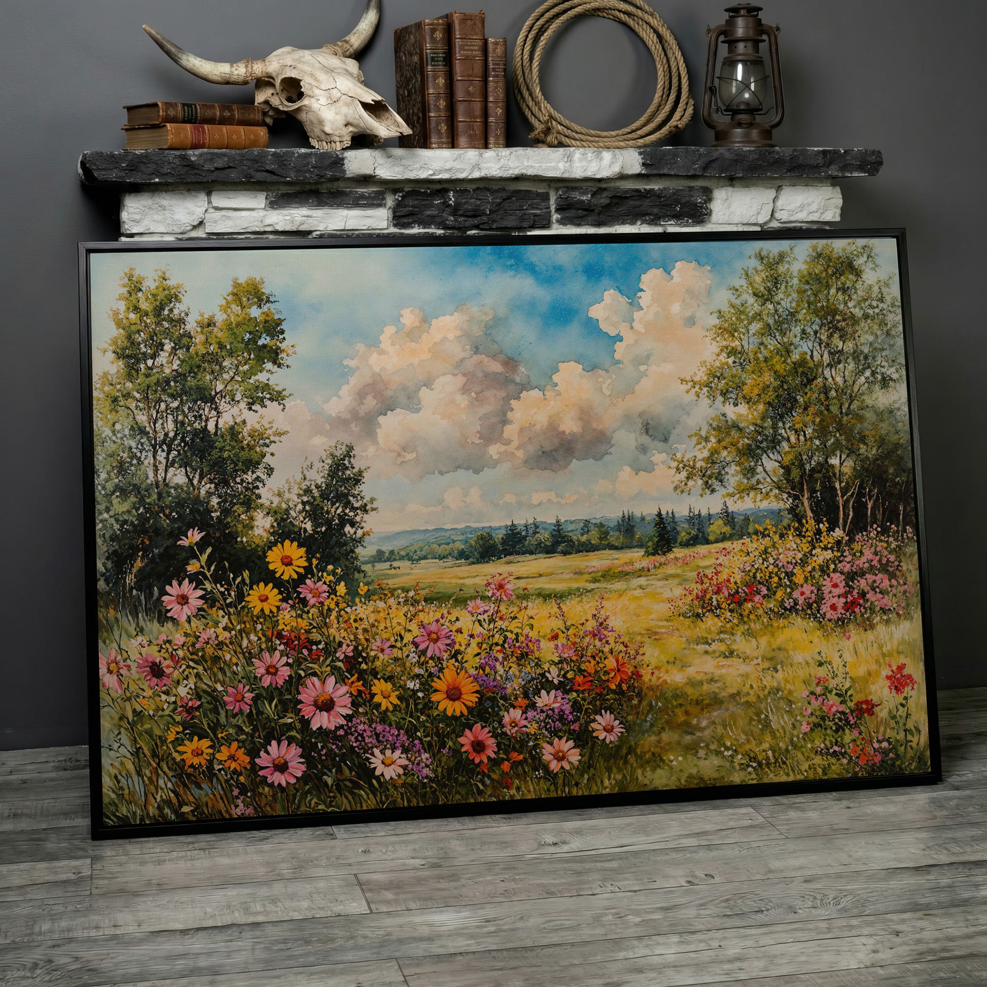 Wildflower Meadow Canvas Print with Cerulean Sky in black floating frame