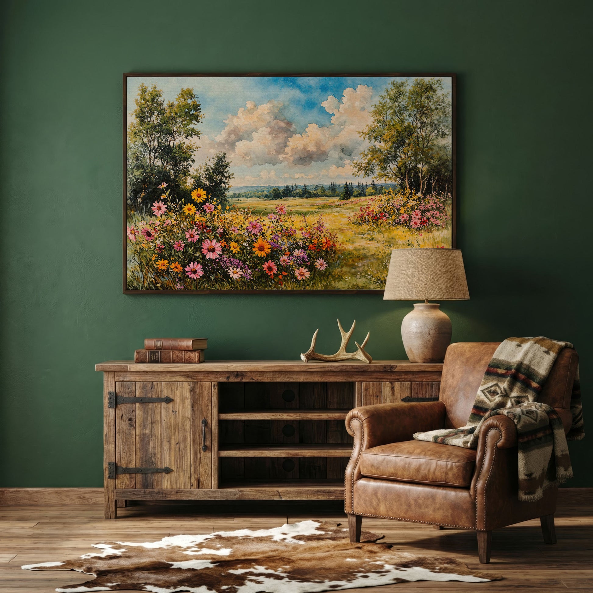Wildflower Meadow Canvas Print with Cerulean Sky in dark walnut floating frame