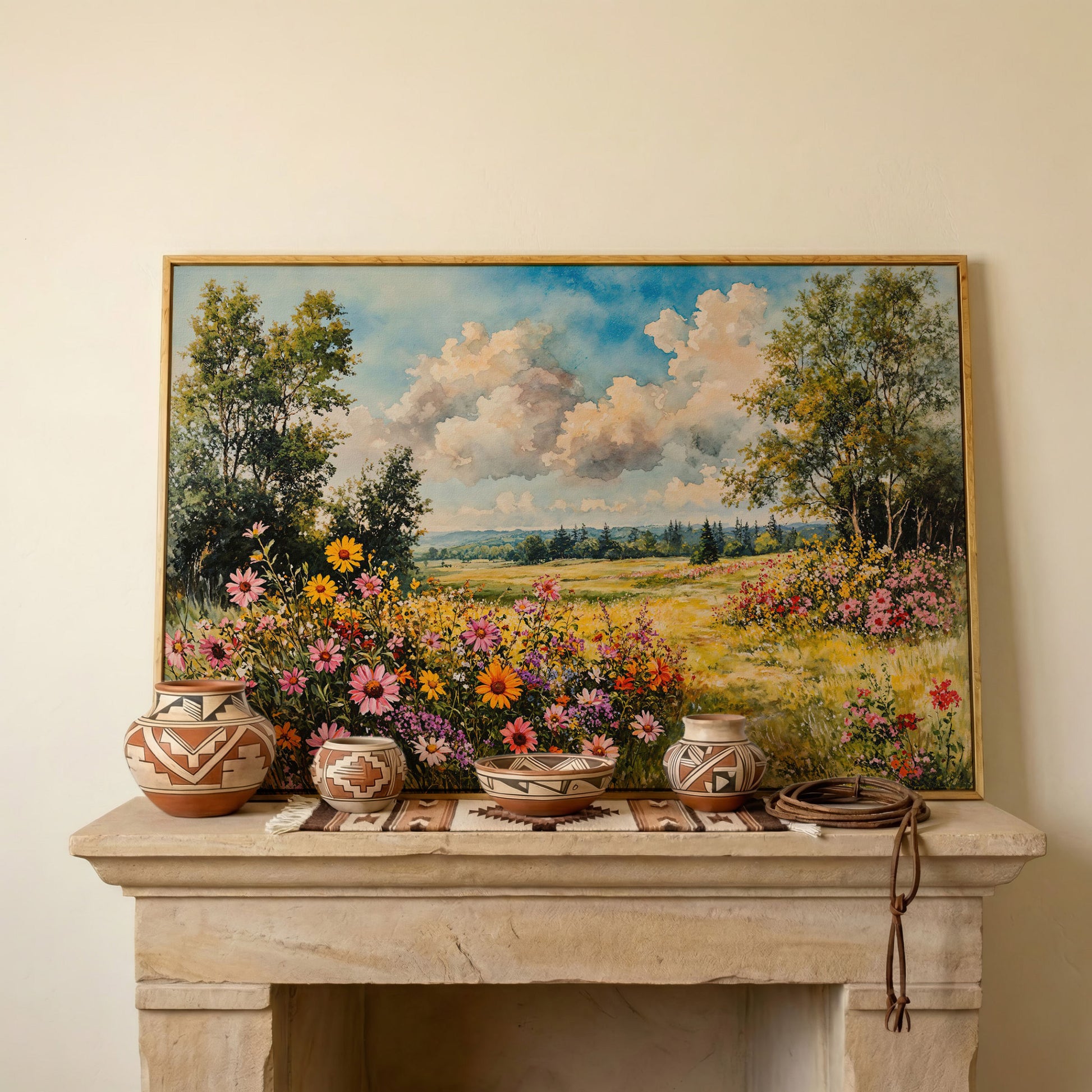Wildflower Meadow Canvas Print with Cerulean Sky in white oak floating frame