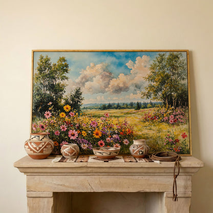 Wildflower Meadow Canvas Print with Cerulean Sky in white oak floating frame