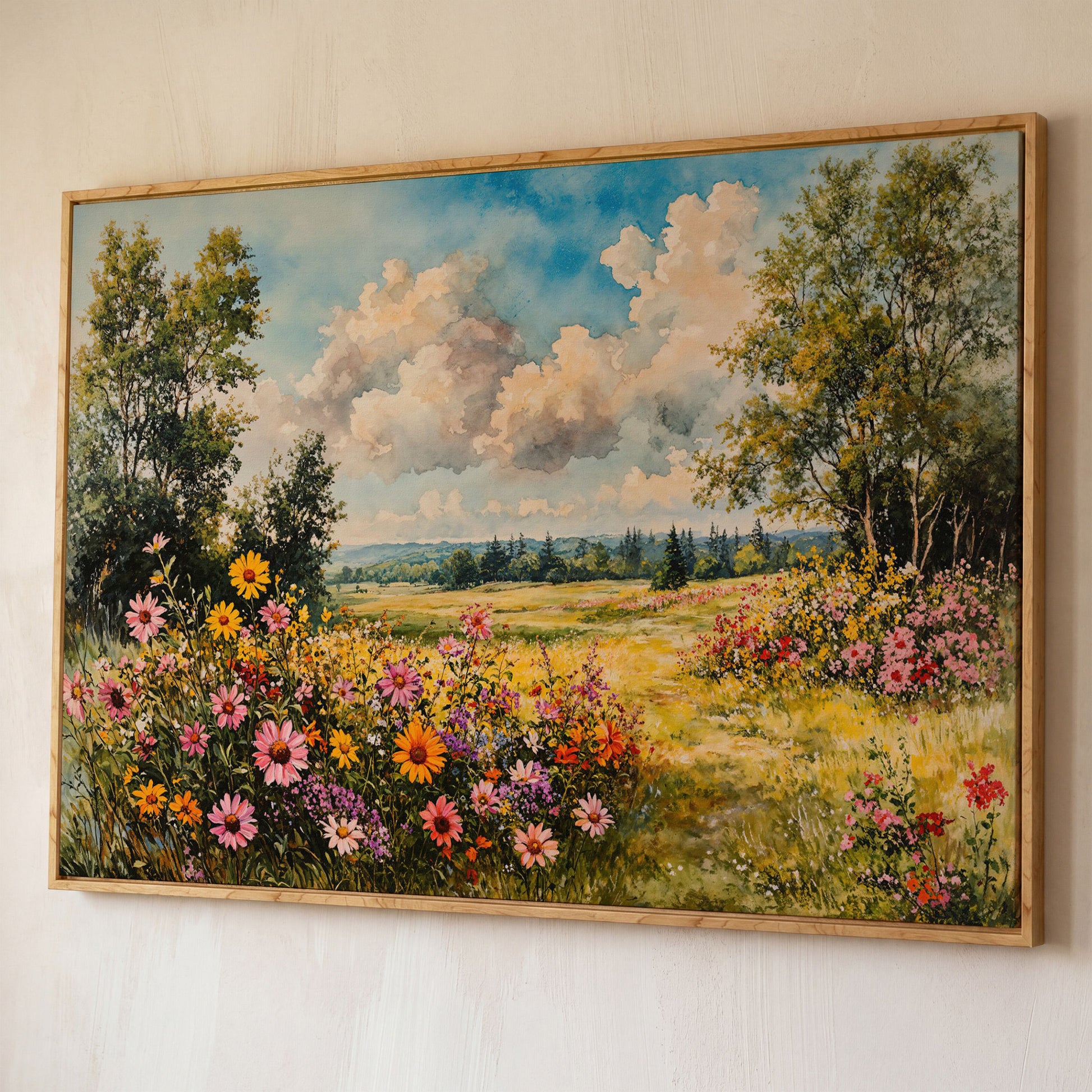 Wildflower Meadow Canvas Print with Cerulean Sky shown in white oak floating frame