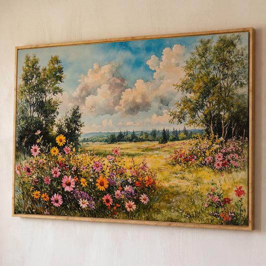 Wildflower Meadow Canvas Print with Cerulean Sky shown in white oak floating frame