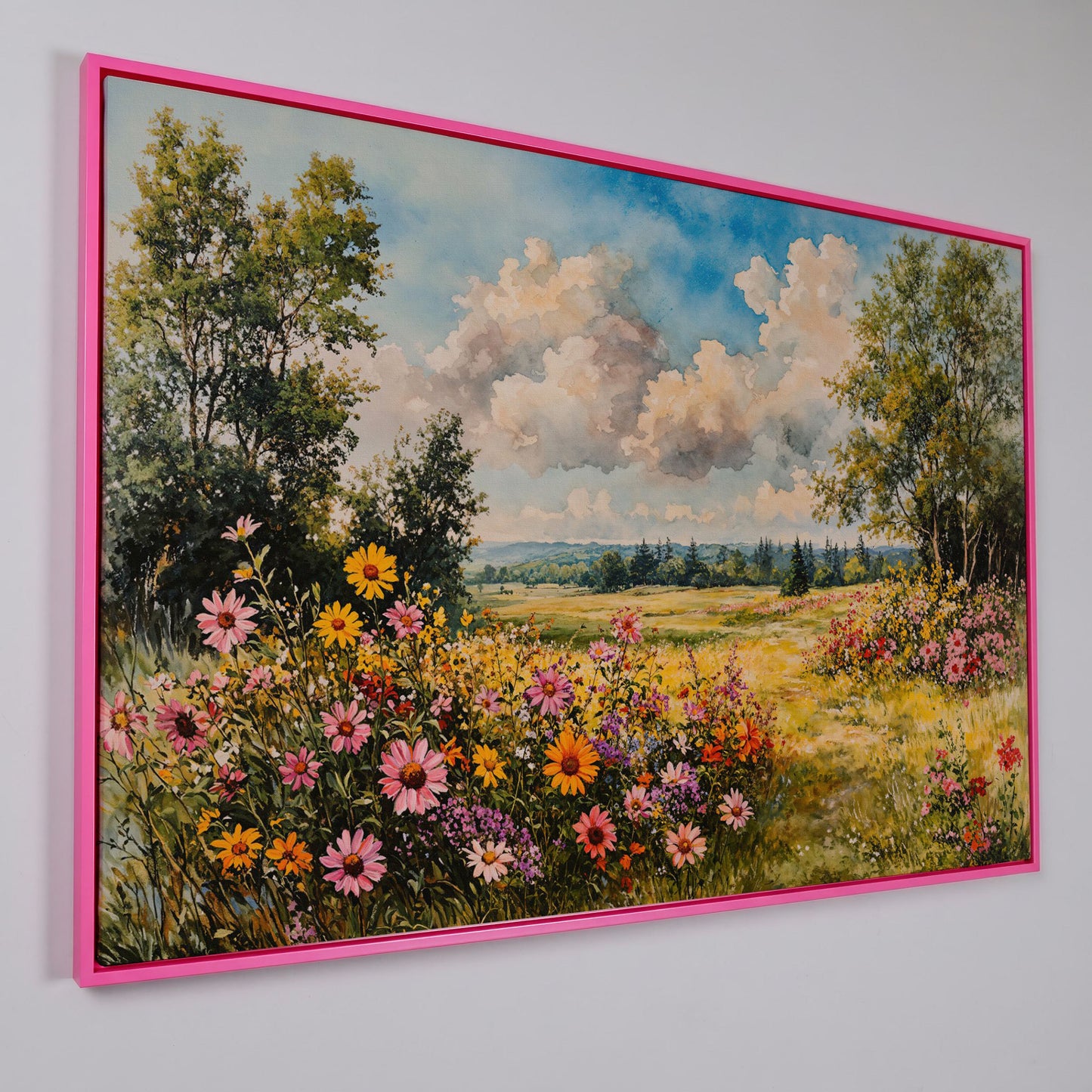 Wildflower Meadow Canvas Print with Cerulean Sky in pink floating frame