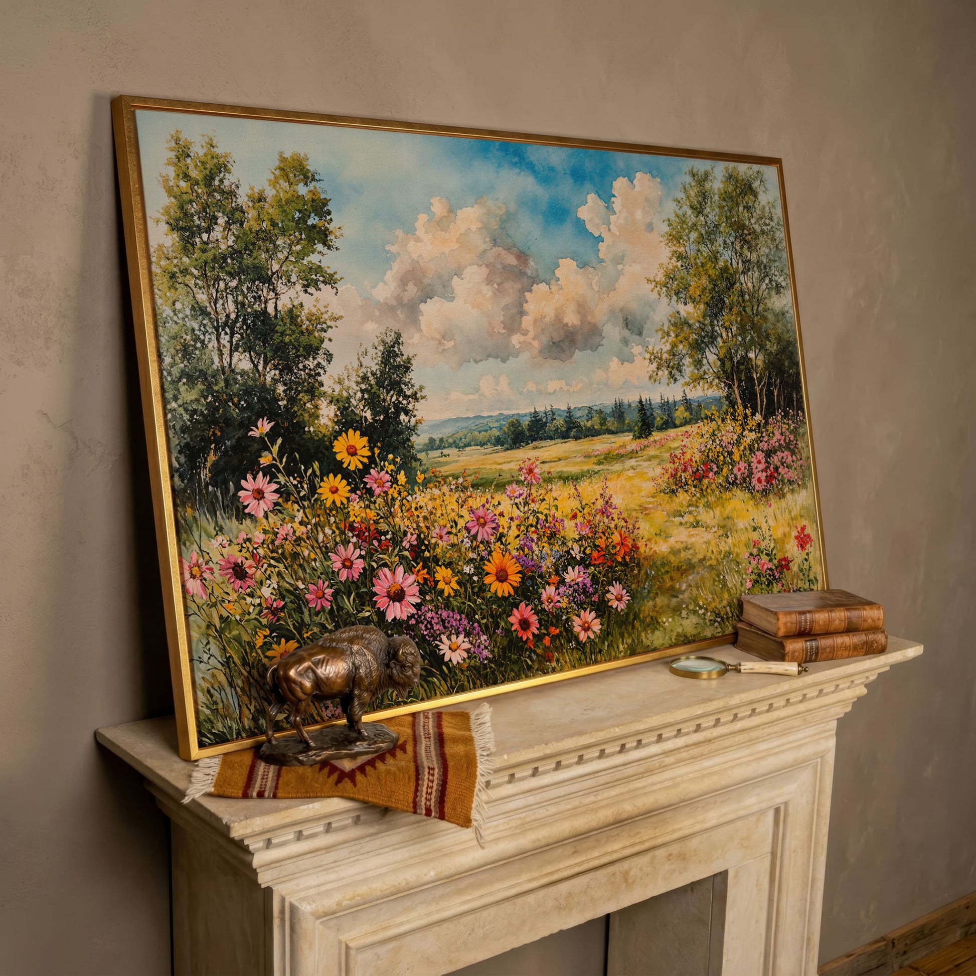 Wildflower Meadow Canvas Print with Cerulean Sky in rose gold floating frame