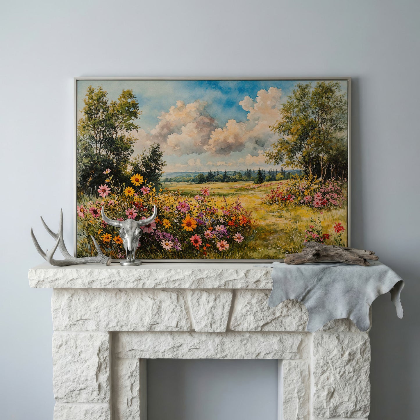 Wildflower Meadow Canvas Print with Cerulean Sky in silver floating frame