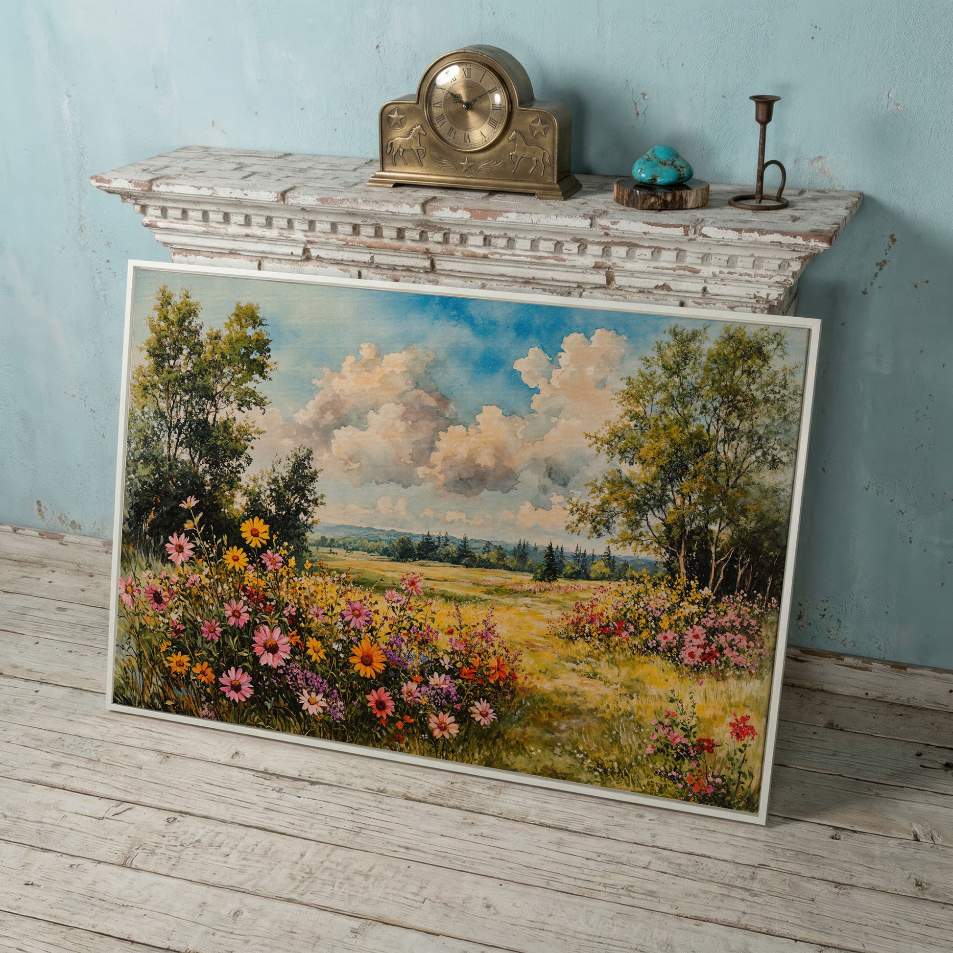 Wildflower Meadow Canvas Print with Cerulean Sky in white floating frame