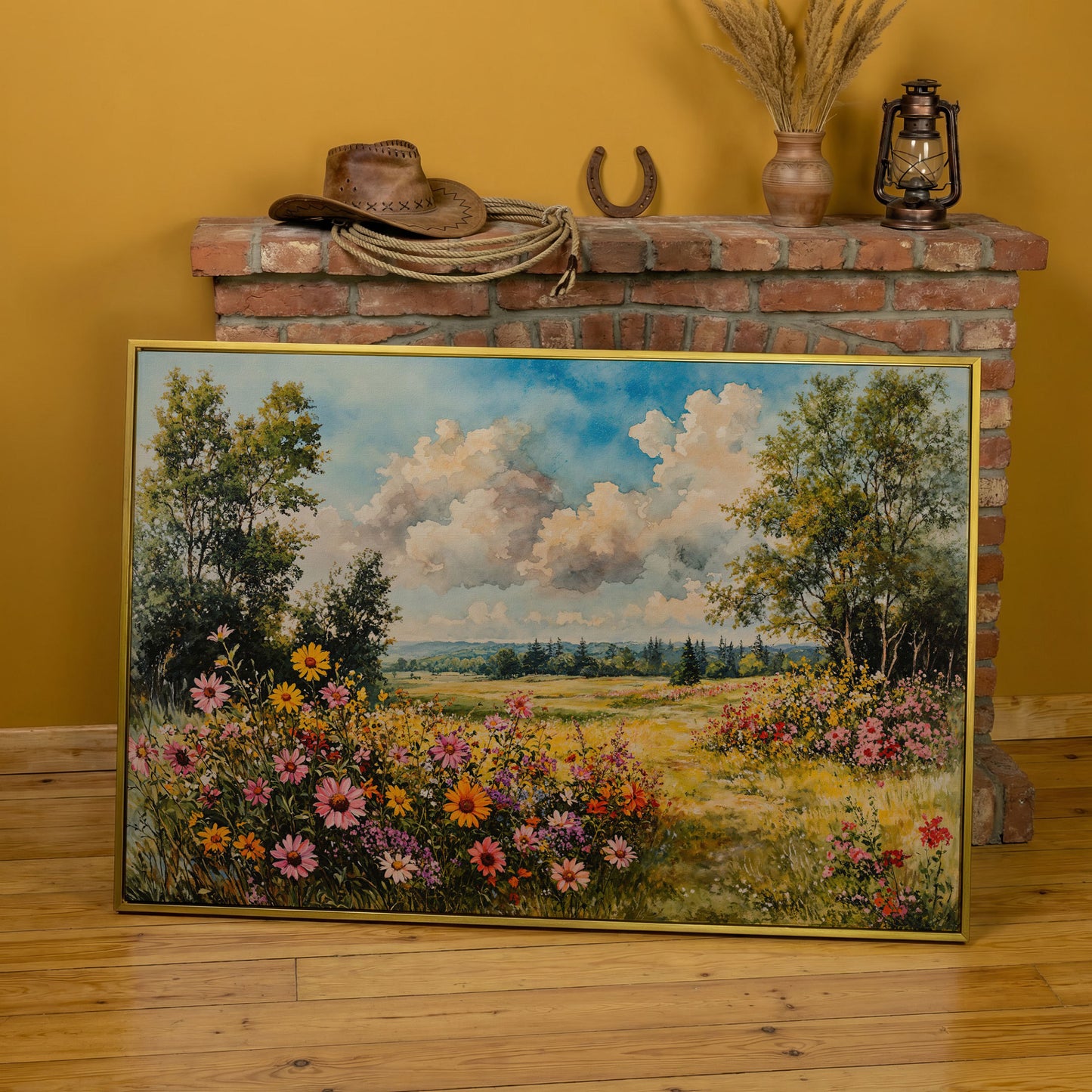 Wildflower Meadow Canvas Print with Cerulean Sky in yellow gold floating frame