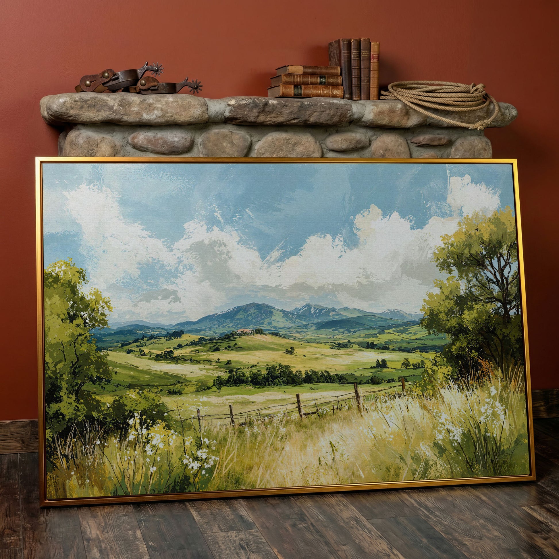 Rolling Hills Countryside Canvas Wall Art in antique gold floating frame