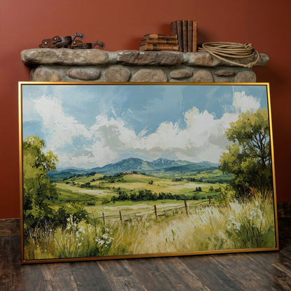 Rolling Hills Countryside Canvas Wall Art in antique gold floating frame