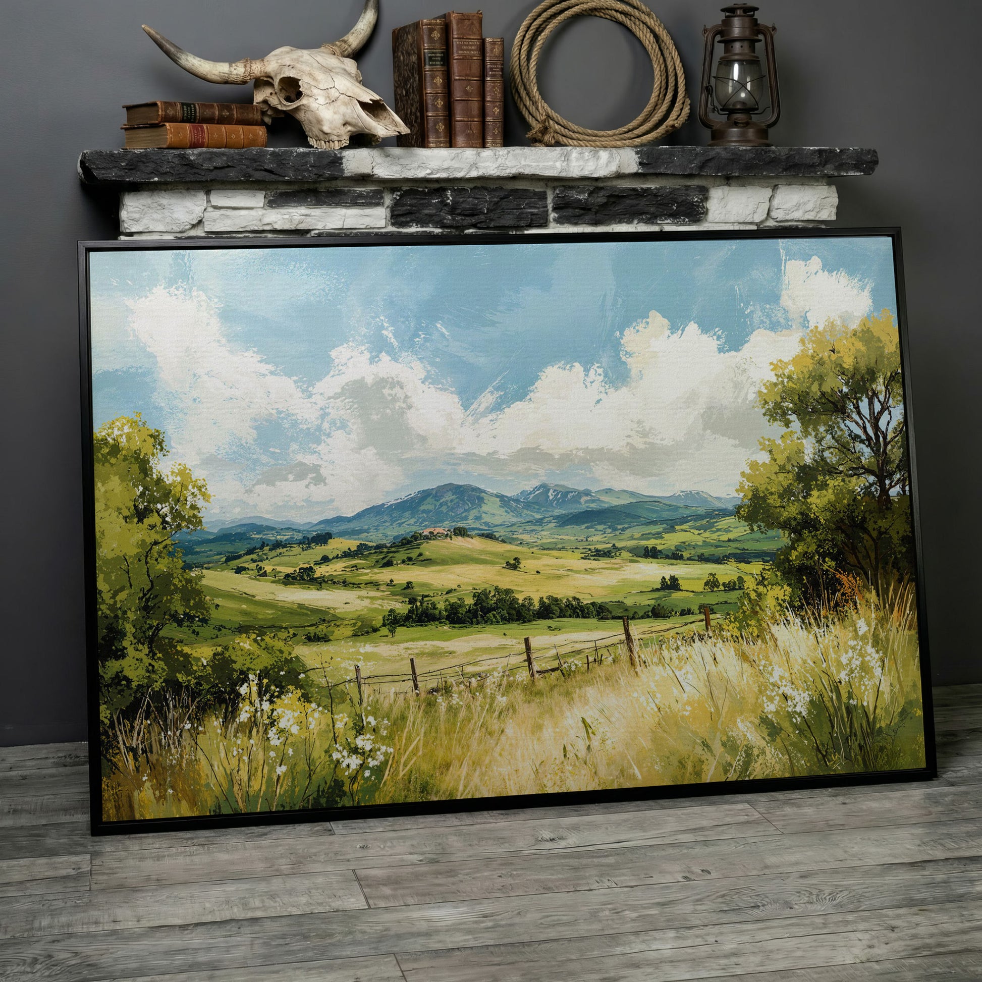 Rolling Hills Countryside Canvas Wall Art in black floating frame