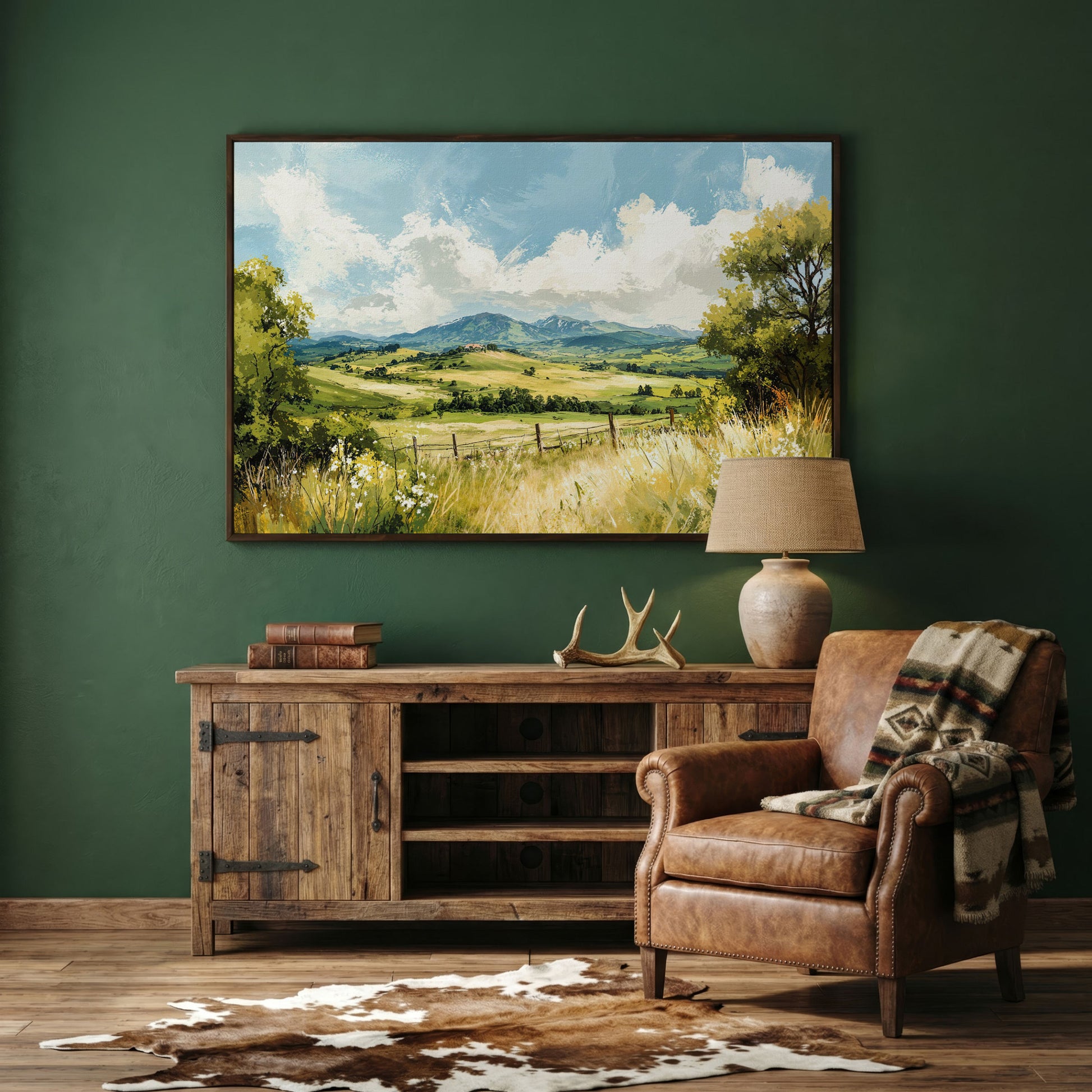 Rolling Hills Countryside Canvas Wall Art in dark walnut floating frame
