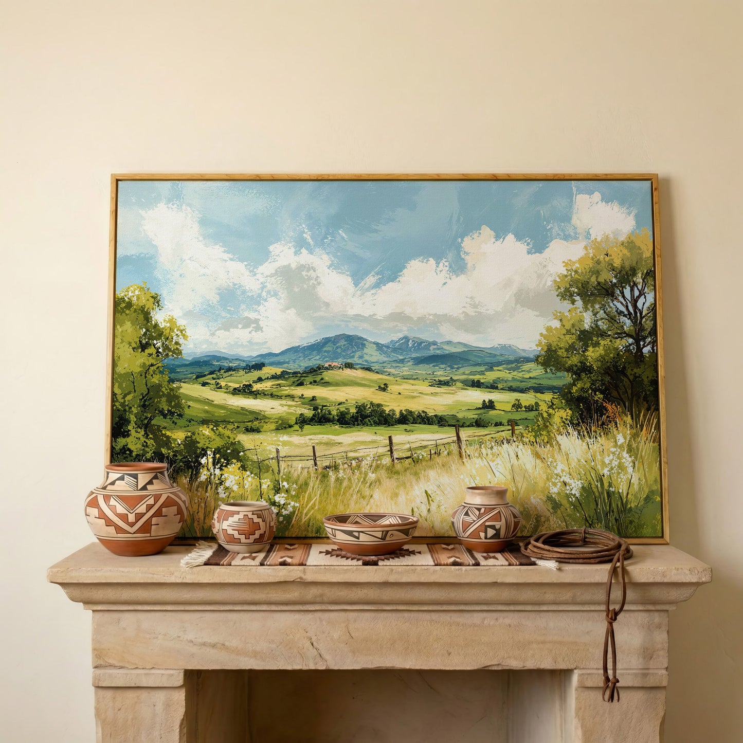 Rolling Hills Countryside Canvas Wall Art in white oak floating frame