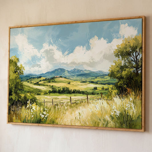 Rolling Hills Countryside Canvas Wall Art shown in white oak floating frame