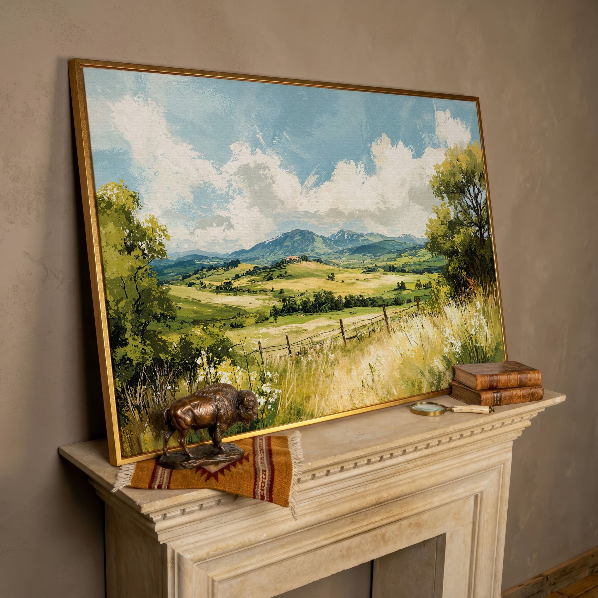 Rolling Hills Countryside Canvas Wall Art in rose gold floating frame