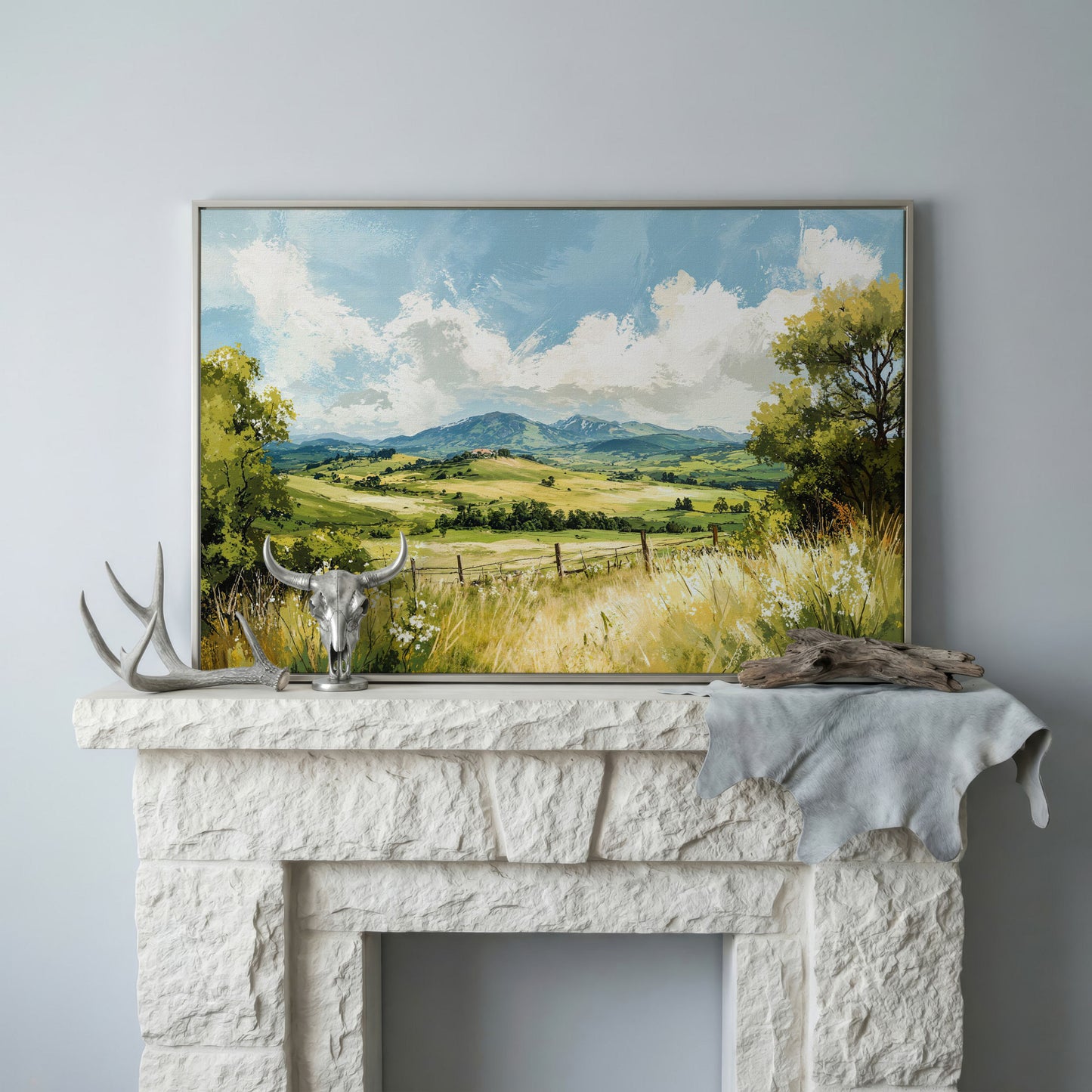 Rolling Hills Countryside Canvas Wall Art in silver floating frame
