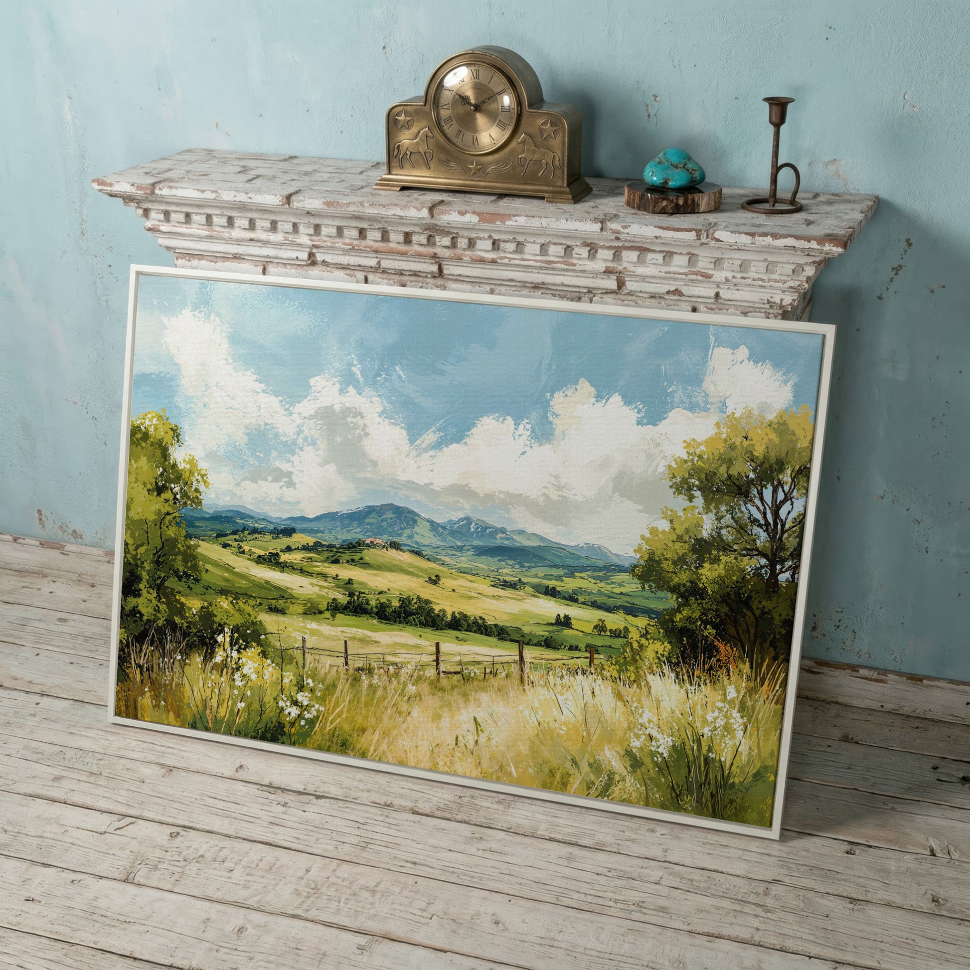 Rolling Hills Countryside Canvas Wall Art in white floating frame