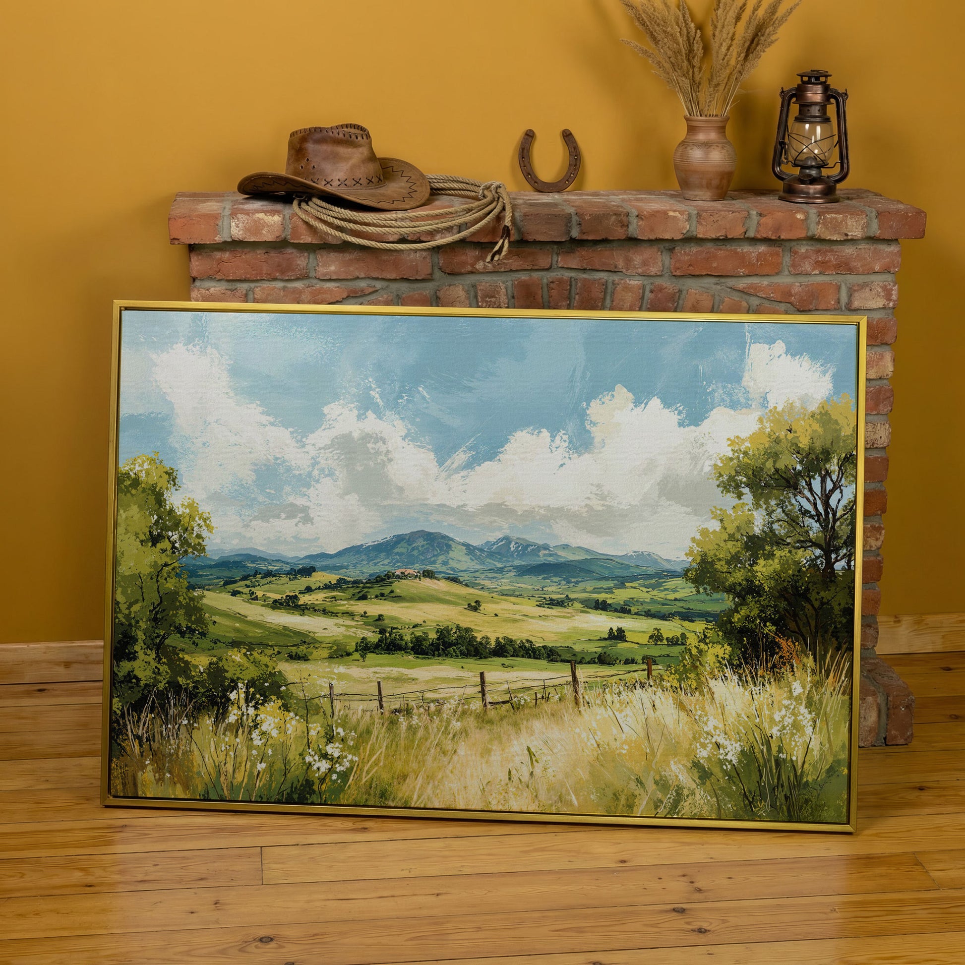 Rolling Hills Countryside Canvas Wall Art in yellow gold floating frame